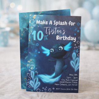 Dark Blue Neon Axolotl Birthday Party Invitation