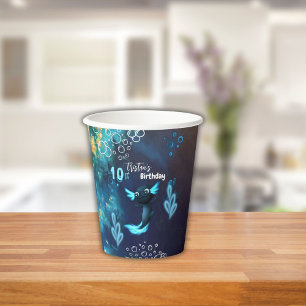 Dark Blue Neon Axolotl Birthday Party Paper Cups
