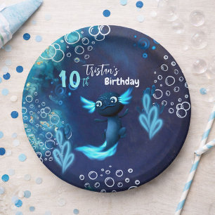 Dark Blue Neon Axolotl Birthday Party Paper Plate