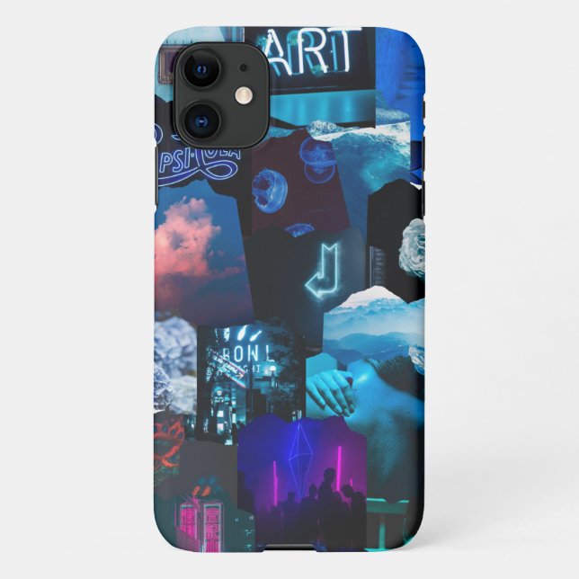 Dark Blue neon urban Aesthetic Collage iPhone Case (Back)