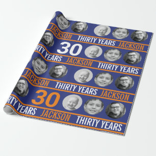 Dark blue orange 30th photo birthday wrapping paper