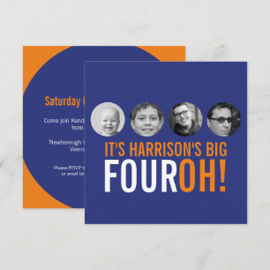 Dark blue orange 40th FOUROH! photo birthday Invitation