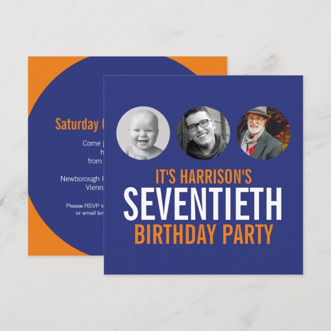 Dark blue orange 70th photo birthday invitation (Front/Back)