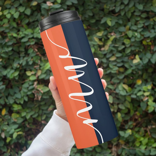 Dark Blue & Orange Chic Minimalist Script Monogram Thermal Tumbler (Creator Uploaded)