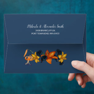 Dark Blue, Orange Fall Flowers Wedding Envelope