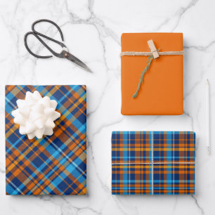 Dark Blue, Orange & Sky Blue Plaid Wrapping Paper Sheet