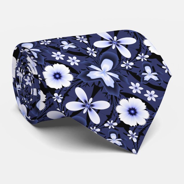 Dark Blue Orchid Artistic Fractal Flower Art Tie (Rolled)