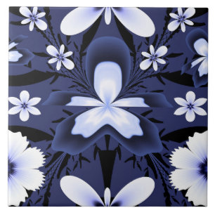 Dark Blue Orchid Elegant Flowers Fractal Pattern Tile