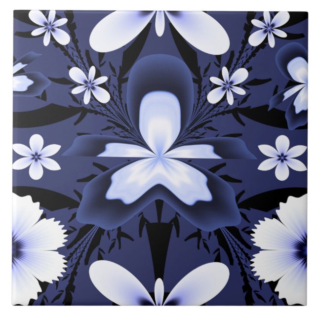 Dark Blue Orchid Elegant Flowers Fractal Pattern Tile (Front)