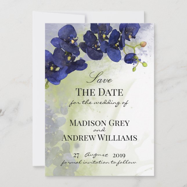 Dark Blue Orchid Watercolor Save the Date (Front)