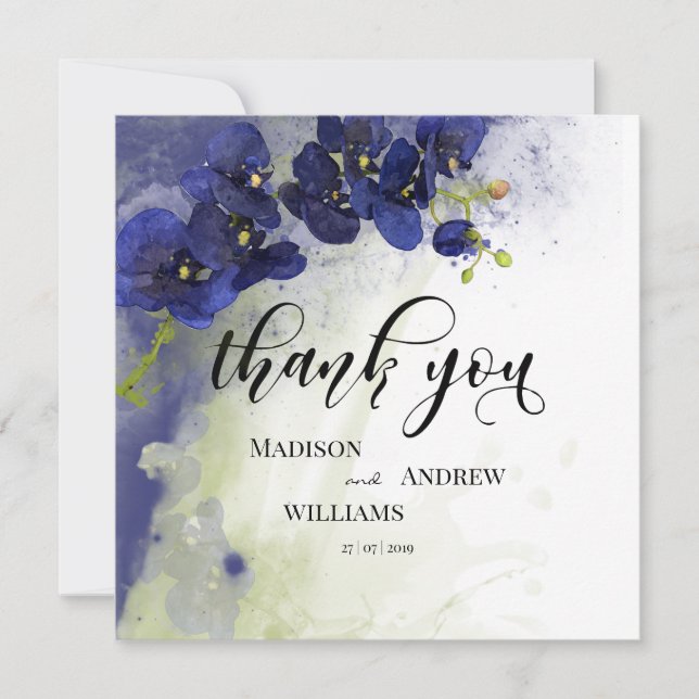 Dark Blue Orchid Watercolor Thank You Card (Front)