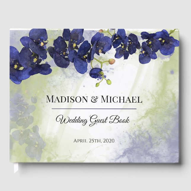 Dark Blue Orchid Watercolor Wedding Guest Book (Front)