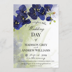 Dark Blue Orchid Watercolor Wedding Invitation