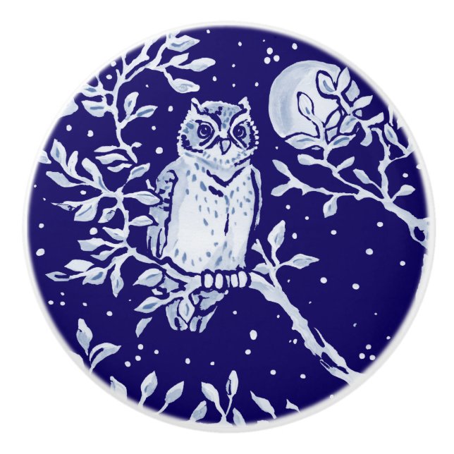 Dark Blue Owl Moon Woodland Animal Floral Cobalt Ceramic Knob (Front)