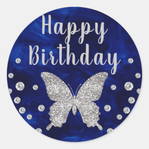 Dark Blue paintbrush and Silver Butterfly Birthday Classic Round Sticker