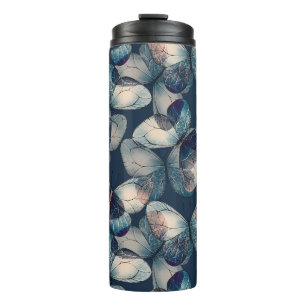 Dark blue pattern with buttreflies thermal tumbler