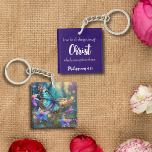 Dark Blue Philippians 4:13 Scripture Butterfly Key Ring