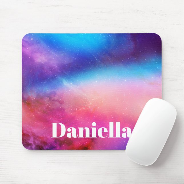 Dark Blue & Pink Holographic Sky with Custom Name Mouse Mat (With Mouse)