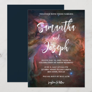Dark Blue Pink Orion Nebula Planetarium Wedding Invitation