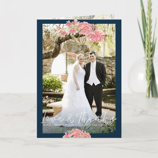 Dark blue pink peonies wedding photo thank you (Front)