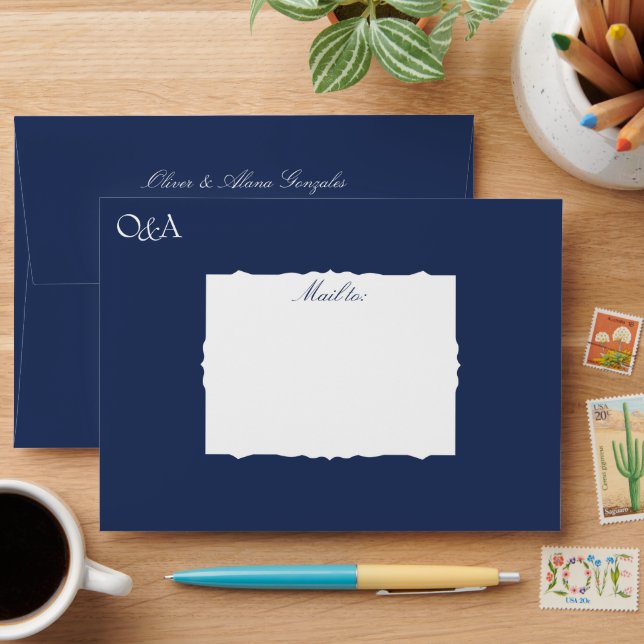 Dark Blue, Pink Pre-addressed Monogram Wedding Envelope (Desk)