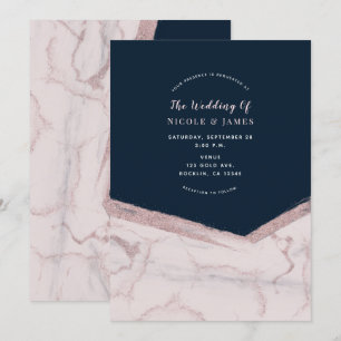 Dark Blue & Pink Rose Marble Chic Modern Wedding Invitation
