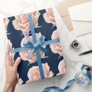 Dark Blue Pink Rose Wrapping Paper