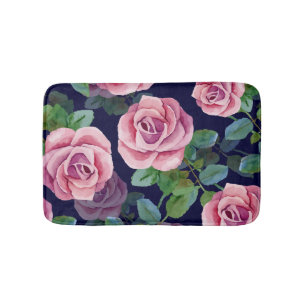 Dark Blue, Pink Roses Watercolor. Bath Mat