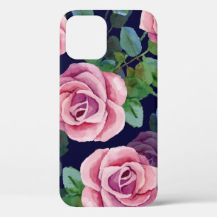 Dark Blue, Pink Roses Watercolor. iPhone 12 Case