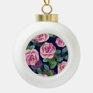 Dark Blue, Pink Roses Watercolor. Ceramic Ball Christmas Ornament