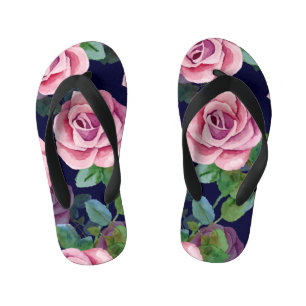 Dark Blue, Pink Roses Watercolor. Kid's Flip Flops