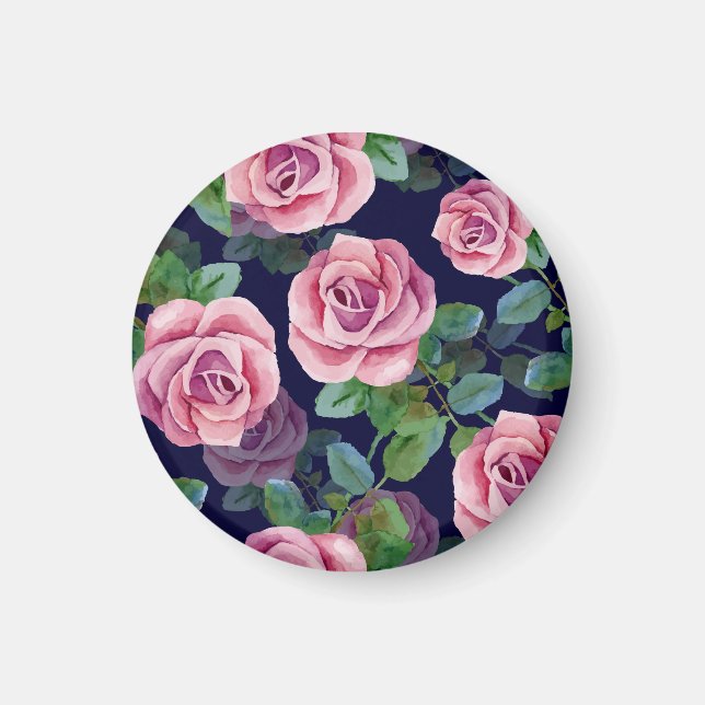 Dark Blue, Pink Roses Watercolor. Magnet (Front)