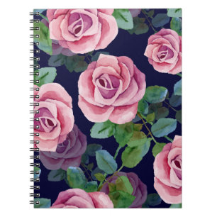 Dark Blue, Pink Roses Watercolor. Notebook