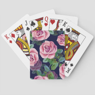 Dark Blue, Pink Roses Watercolor. Playing Cards