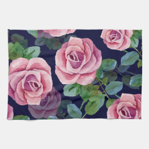 Dark Blue, Pink Roses Watercolor. Tea Towel