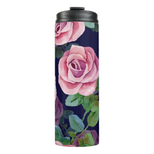 Dark Blue, Pink Roses Watercolor. Thermal Tumbler
