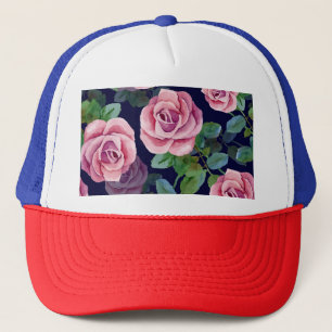 Dark Blue, Pink Roses Watercolor. Trucker Hat