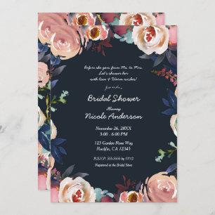 Dark Blue & Pink Watercolor Floral Bridal Shower  Invitation
