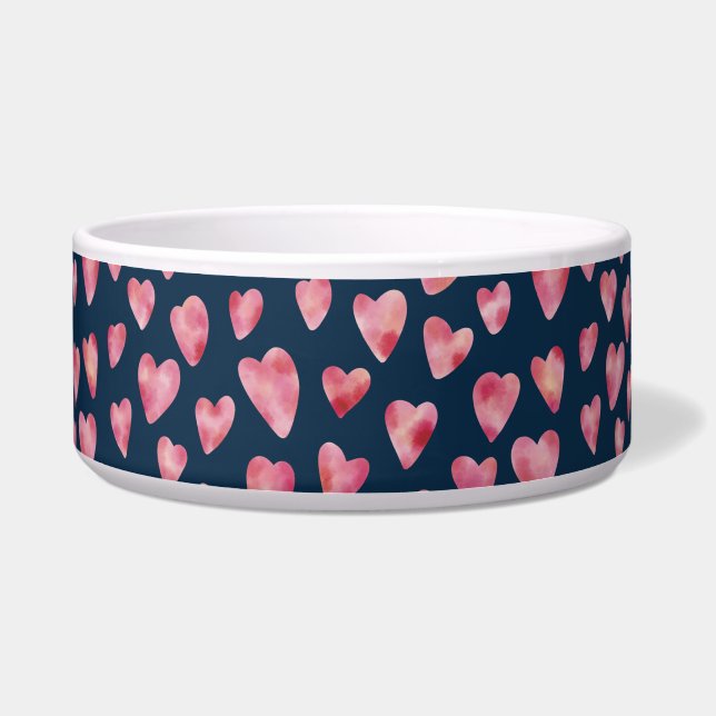 Dark Blue & Pink Watercolour Heart pet bowl (Front)