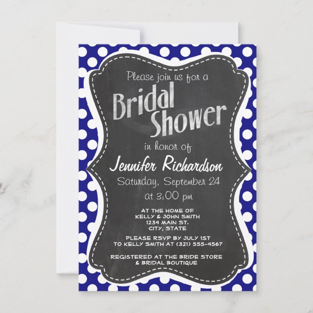 Dark Blue Polka Dots; Vintage Chalkboard Invitation (Front)