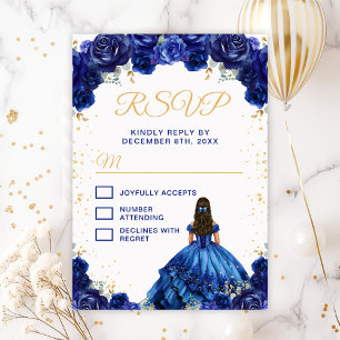 Dark Blue Princess Floral Quinceañera RSVP Card