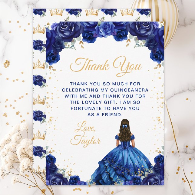 Dark Blue Princess Floral Quinceañera Thank You Card (Creator Uploaded)
