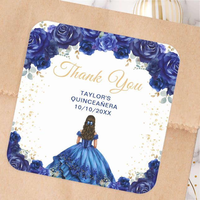 Dark Blue Princess Quinceañera Thank You Square Sticker (Creator Uploaded)