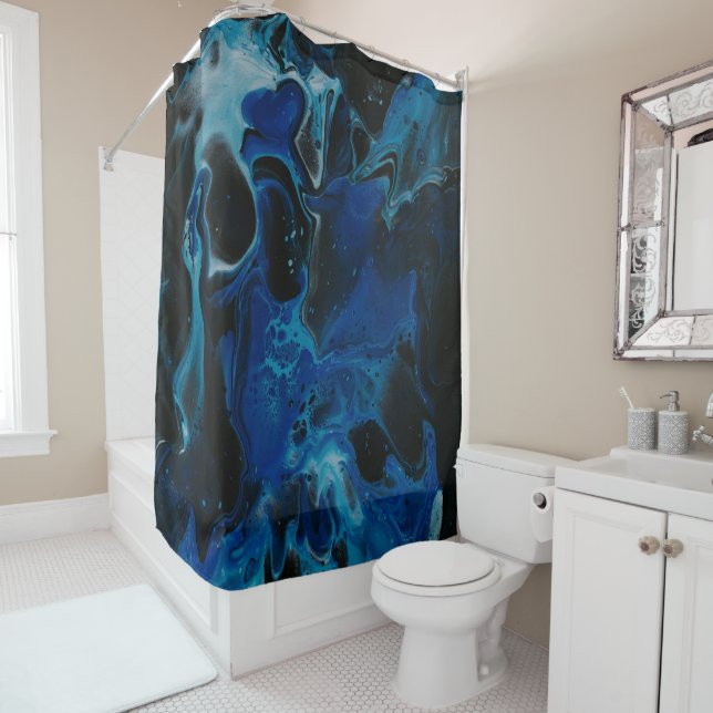 Dark blue psychedelic liquid shower curtain (In Situ)