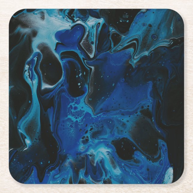 Dark blue psychedelic liquid square paper coaster (Front)