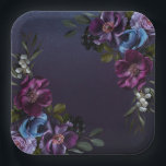 Dark Blue & Purple Floral Moody Bridal Brunch Paper Plate<br><div class="desc">Introducing our exquisite bridal shower square paper plates that effortlessly marries modern elegance with vintage allure. Set against a moody navy blue background, a soft side loose bouquet comes to life, featuring dark purple, lavender, periwinkle blue, and cream white flowers alongside dark purple berries and delicate botanical greenery. The blend...</div>