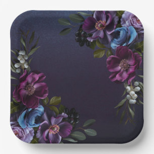 Dark Blue & Purple Floral Moody Bridal Brunch Paper Plate
