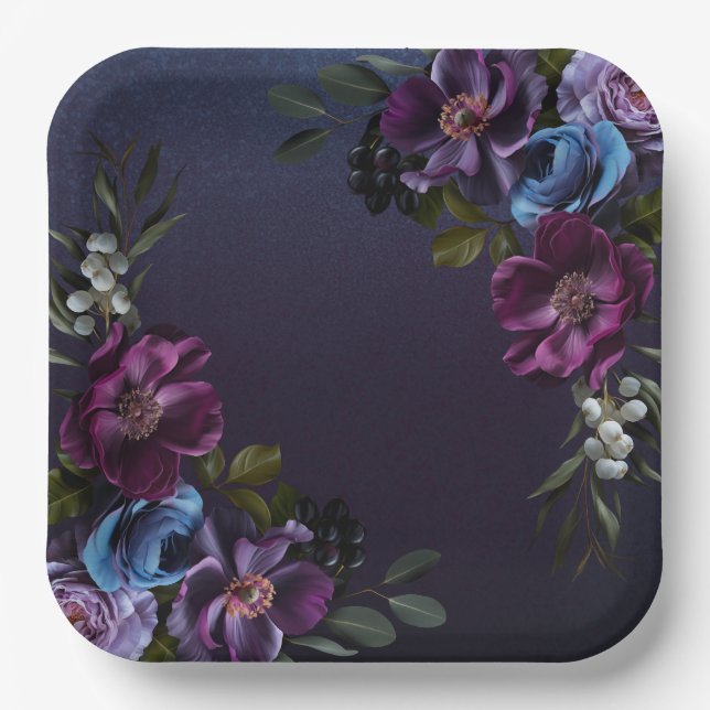 Dark Blue & Purple Floral Moody Bridal Brunch Paper Plate (Front)