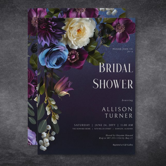 Dark Blue & Purple Floral Moody Bridal Shower Invitation (Dark Blue & Purple Floral Moody Bridal Shower Invitation)