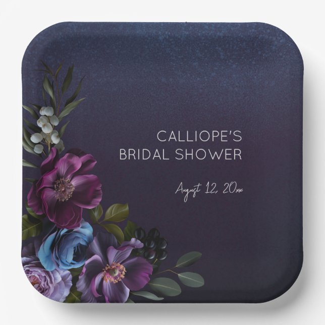 Dark Blue & Purple Floral Moody Bridal Shower Paper Plate (Front)